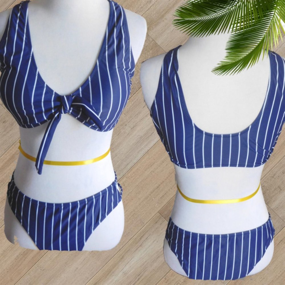 NAVY STRIPED MOCK TIE FRONT TWO PIECE SWIMSUIT